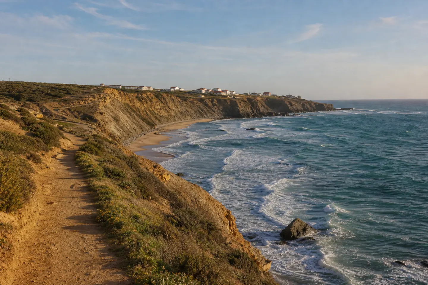 Clifftop path above an Atlantic surf beach near Ericeira