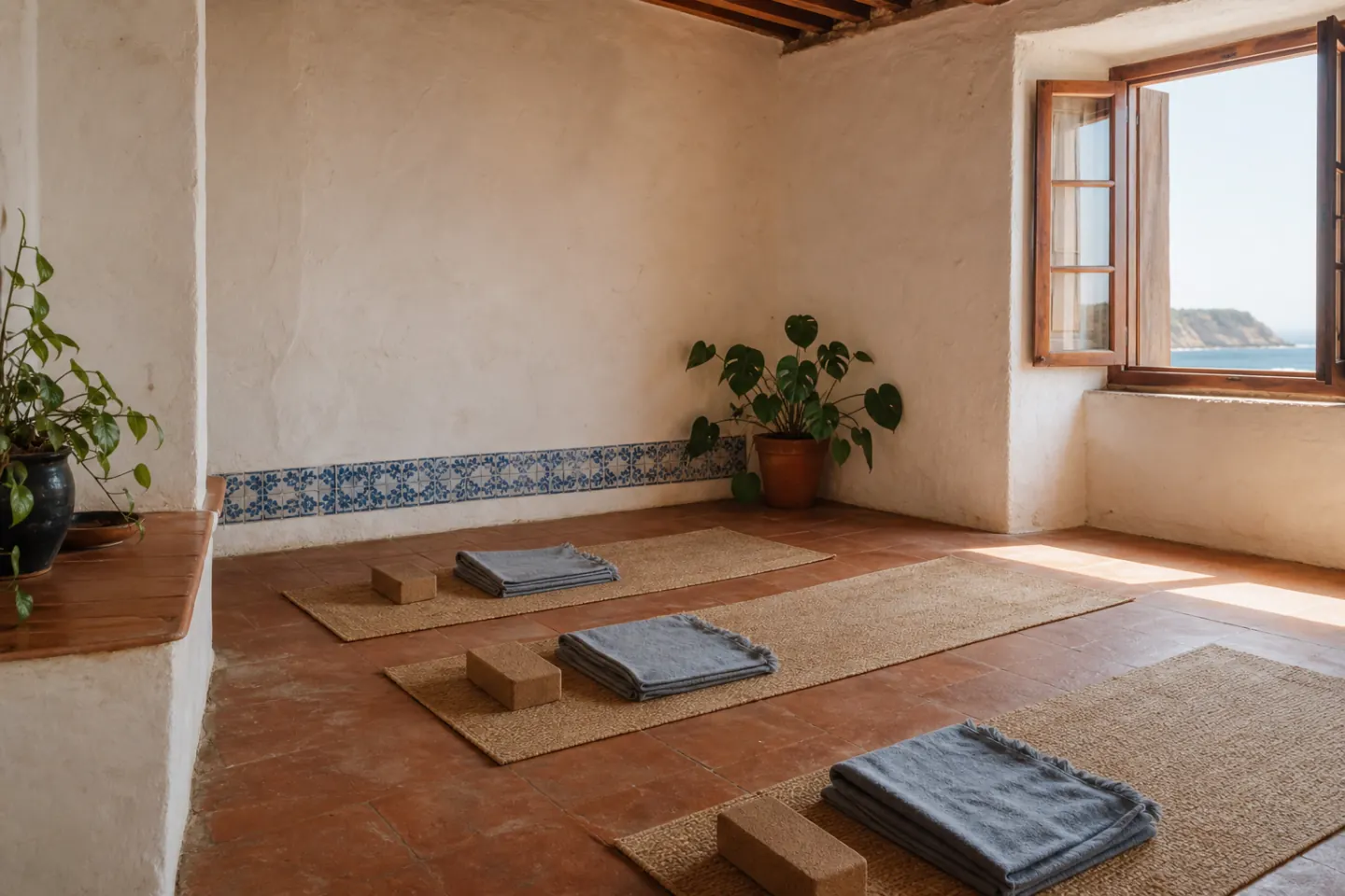 Simple yoga shala inside a whitewashed Portuguese coastal house